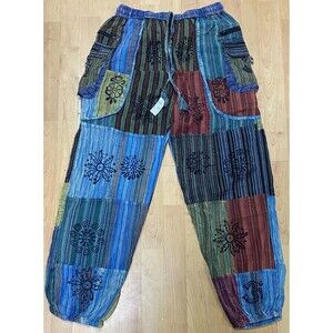Hippie Patchwork  Boho Beach Elastic Waist Unisex S/M Festival Cargo Pants